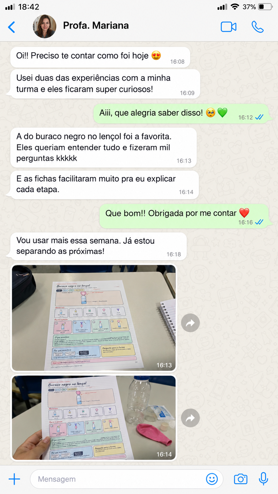 Conversa no WhatsApp com depoimento de professora