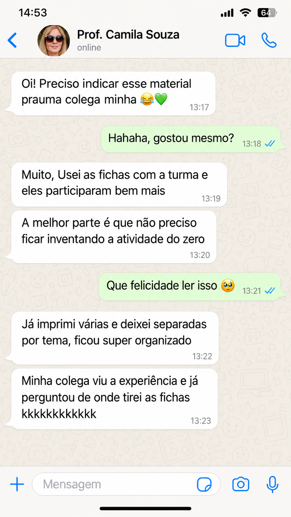 Conversa no WhatsApp com depoimento de professora